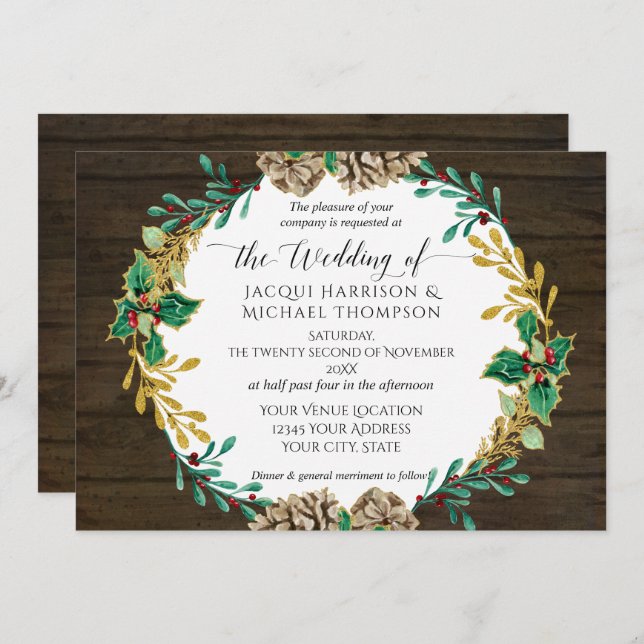 Invitation Pine de Noël Rustique Gold Mariage de verdure (Devant / Derrière)