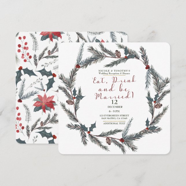 Invitation Pine d'hiver Berry manger Boire être marié Mariage (Devant / Derrière)
