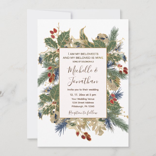 Invitation Pine d'hiver Holly Berries Mariage chrétien (Devant)