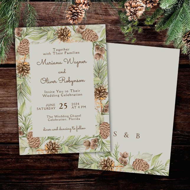 Invitation Pine d'hiver moderne Beige Mariage élégant (Créateur téléchargé)