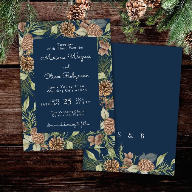 Invitation Pine d'hiver moderne Marine Bleu Mariage élégant (Créateur téléchargé)