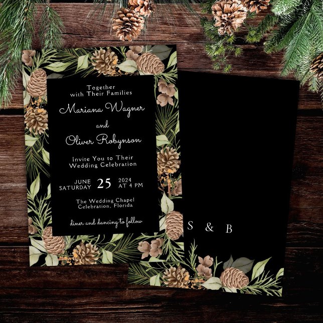 Invitation Pine d'hiver moderne Noir et blanc Mariage élégant (Créateur téléchargé)
