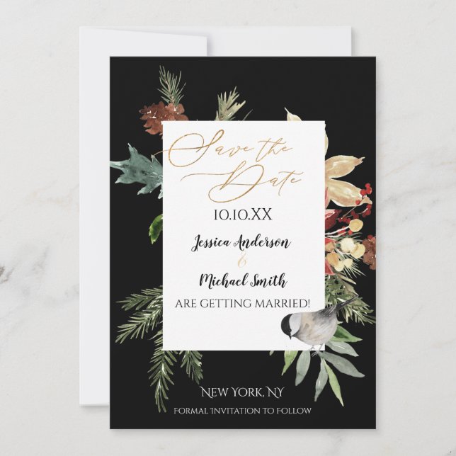 Invitation Pine Floral Gold Winter Enregistrer la date (Devant)