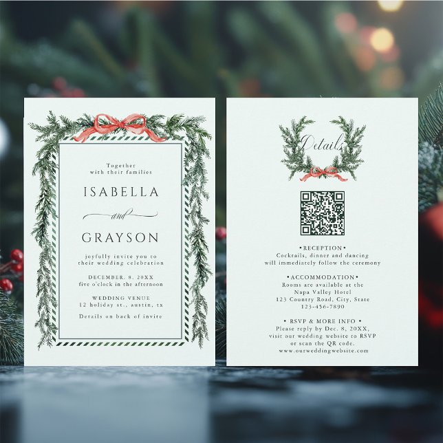 Invitation Pine Garland Wedding All in One Mint Green (Front & Back)