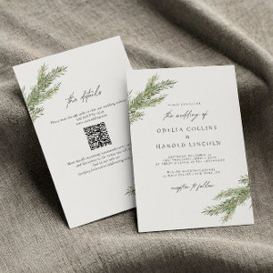 Invitation Pine minimaliste Branche Mariage hivernal Code QR