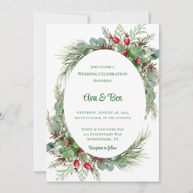 Invitation Pine Needles Red Berry Mariage de Noël (Devant)