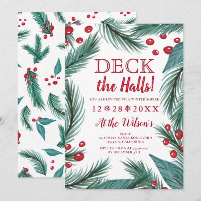 Invitation Pine Noël mistletoe aquarelle pont les halls (Devant / Derrière)