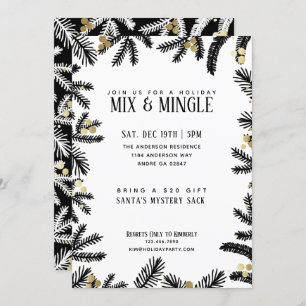 Invitation Pine Noire & Or moderne et fête de vacances Berrie