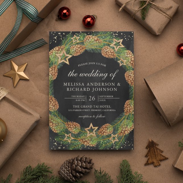 Invitation Pine rustique cônes Wreath Noir Mariage de Noël (Créateur téléchargé)