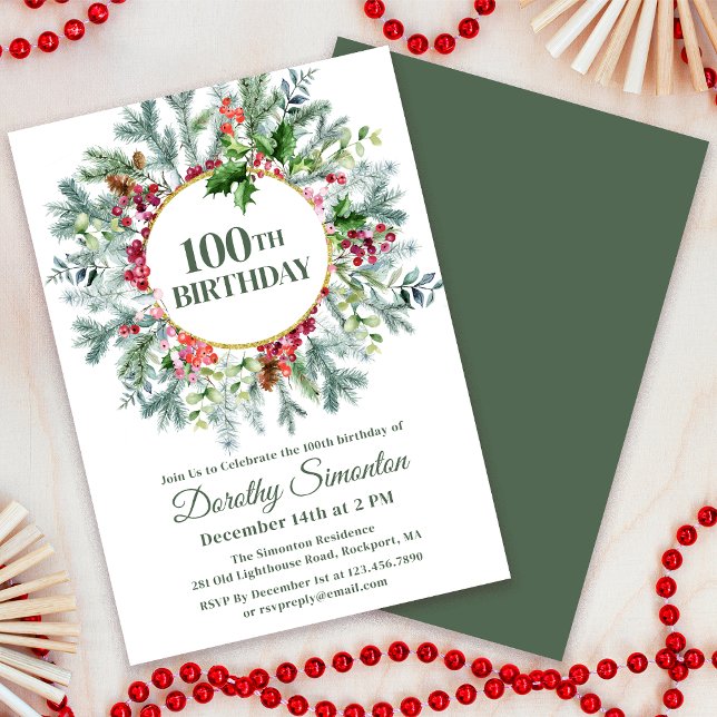 Invitation Pine Rustique Holly Berry Wreath 100e anniversaire (Need matching party supplies? Napkins, paper plates, welcome signs? Message me for help. )