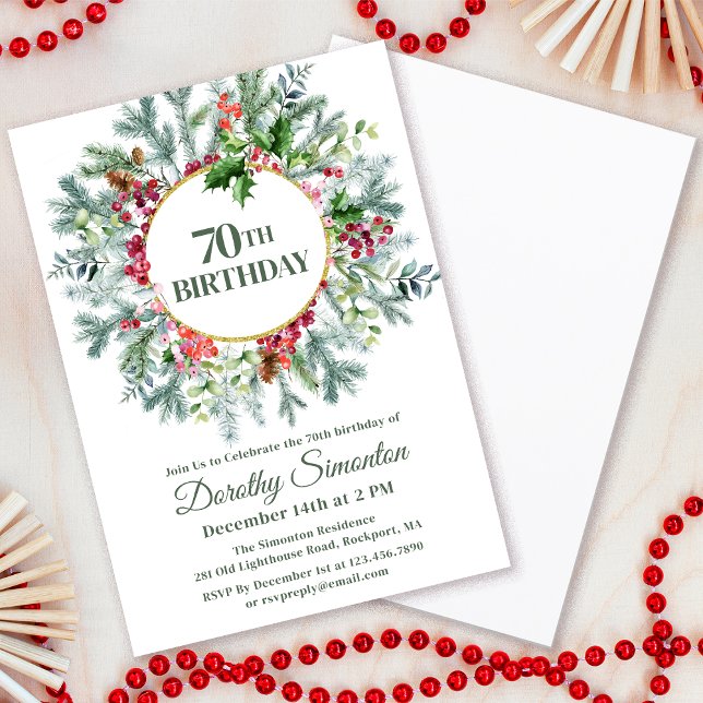 Invitation Pine Rustique Holly Berry Wreath 70e anniversaire (Need matching party supplies. Welcome sign, napkins, paper plates. Something else. Message me!)