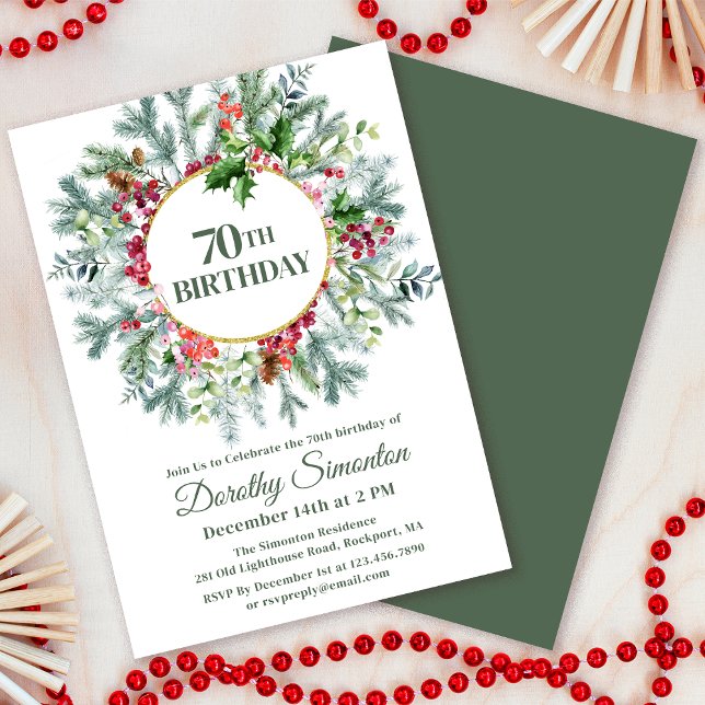 Invitation Pine Rustique Holly Berry Wreath 70e anniversaire (Need a matching welcome sign? Other party supplies? Message me!)