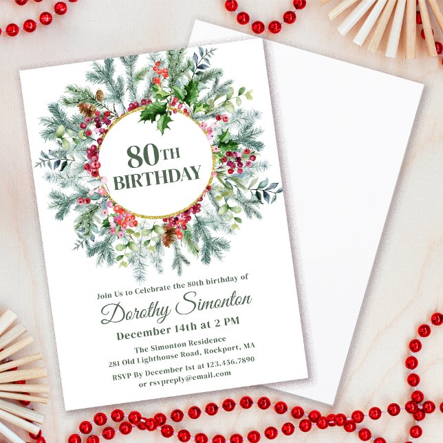 Invitation Pine Rustique Holly Berry Wreath 80e anniversaire (Need matching party supplies? Welcome signs, napkins, paper plates. Something else? Message me!)