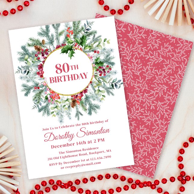Invitation Pine Rustique Holly Berry Wreath 80e anniversaire (Need matching party supplies? Welcom signs, napkins, balloons. Something else? Message me!)