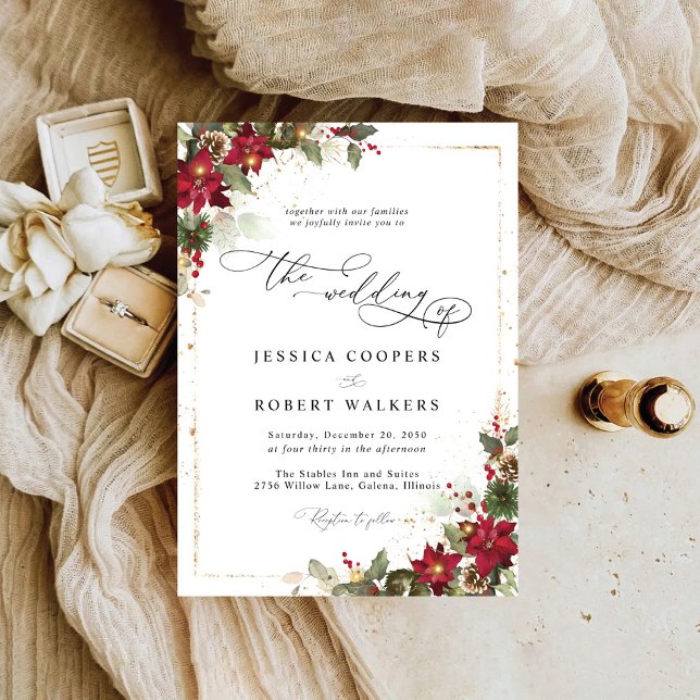 Invitation Pine Rustique Poinsettia Floral Mariage de Noël (Créateur téléchargé)