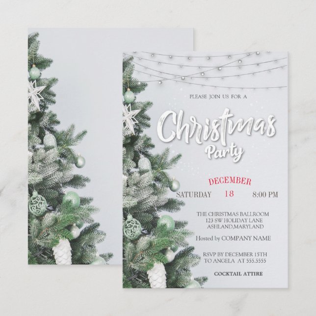 Invitation Pine Tree, Boules, Fête de Noël Lumière (Devant / Derrière)