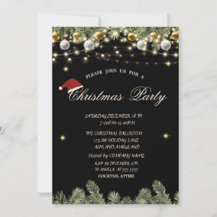 Invitation Pine Tree Branches Balls Black Christmas Company