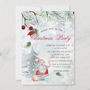 Invitation Pine Tree Branches Santa Claus Bird Christmas