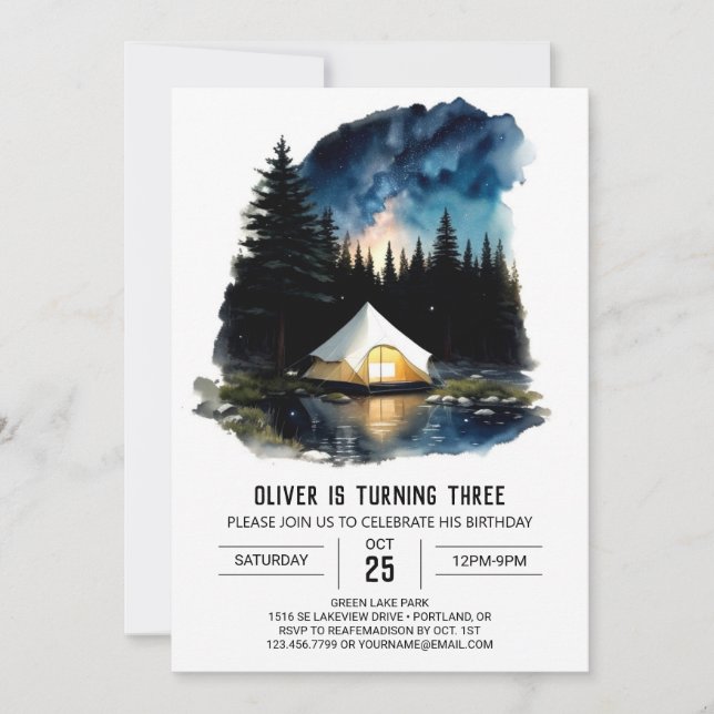 Invitation Pine Tree Campout Voyage Anniversaire (Devant)