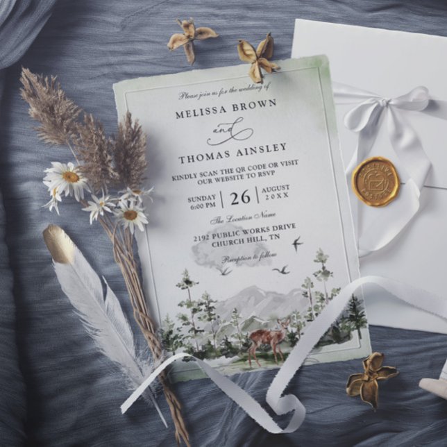 Invitation Pine Tree Deer Forest Mountain QR Code Wedding (Créateur téléchargé)