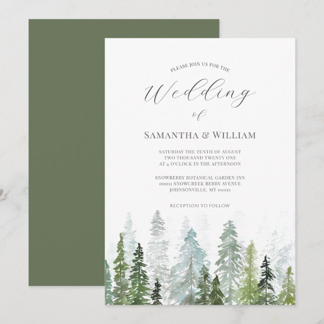 Invitation Pine Tree Forest Russe Aquarelle Mariage à thème (Devant / Derrière)