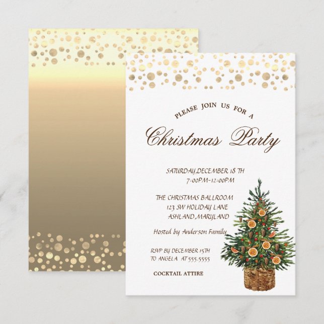 Invitation Pine Tree Orange, Gold Dots Fête de Noël (Devant / Derrière)