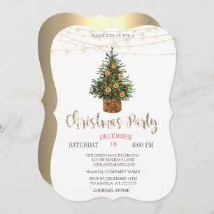 Invitation Pine Tree, Orange, Lumières Gold Christmas Party