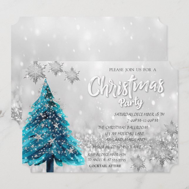 Invitation Pine Tree Stars Bokeh Corporate Christmas Party (Devant / Derrière)