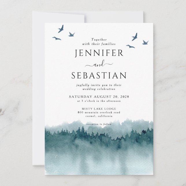 Invitation Pine Trees Forêt Rustique Aquarelle Mariage (Devant)