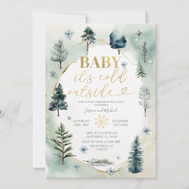 Invitation Pine Trees Gold Winter Gender Reveal Baby Shower (Devant)