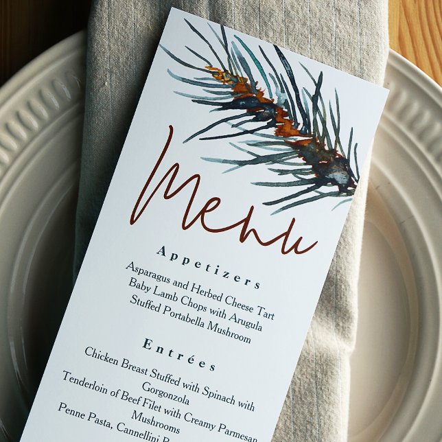 Invitation Pine Verte Rustique Aiguilles Réception Dîner Menu (Watercolor Pine Needles on a Wedding Reception Dinner  Menu)