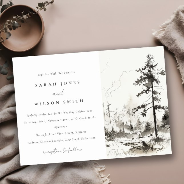 Invitation Pine Woods Mountain Paysage Mariage de croquis (Créateur téléchargé)