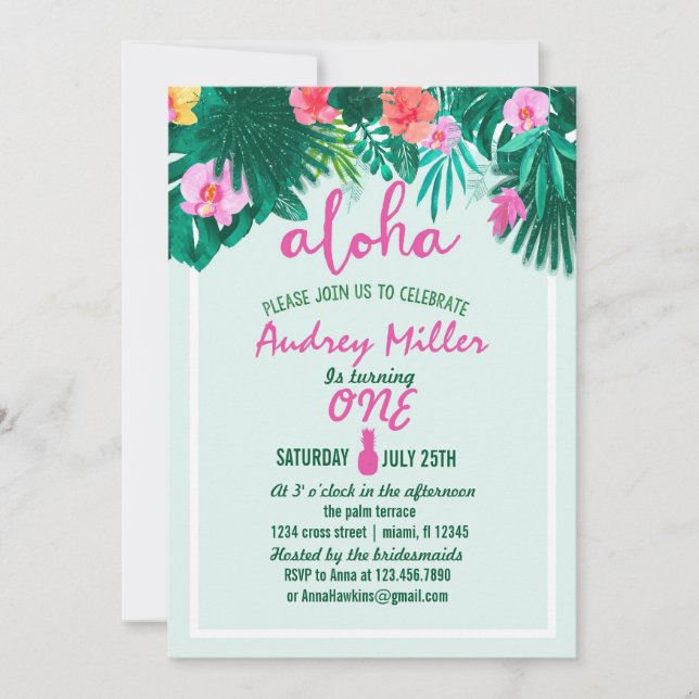 Invitation PINEAPPLE ALOHA fleur tropicale Anniversaire (Devant)