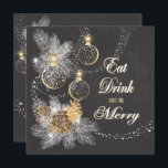 Invitation Pinecone Ornements Chalkboard Noël<br><div class="desc">Le thème de Noël festif présente des oeuvres d'art de tableau noir avec des cônes de pin, des branches de pin et des ornements délicats dorés. Avant de la carte a Ornate typographie texte disant Mangez, Buvez et Soyez Joyeux. Customisez le tout au texte sur la carte avec votre fête...</div>