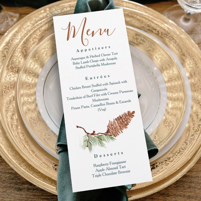 Invitation Pinecones Rustiques Pine Needle menu du dîner (rustic winter pinecone wedding reception dinner menu terracotta brown green winter wedding colors)