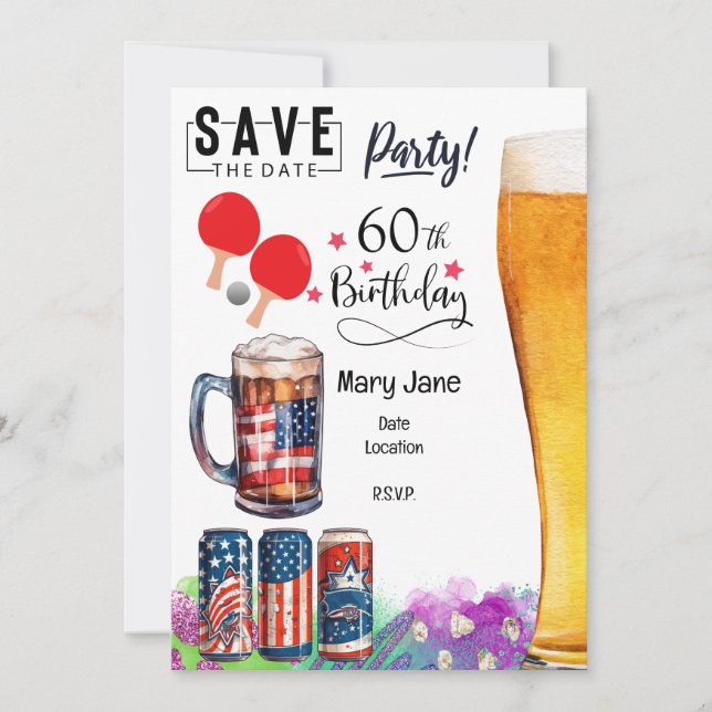 Invitation Ping pong 60e anniversaire avec paddle et bière (Devant)