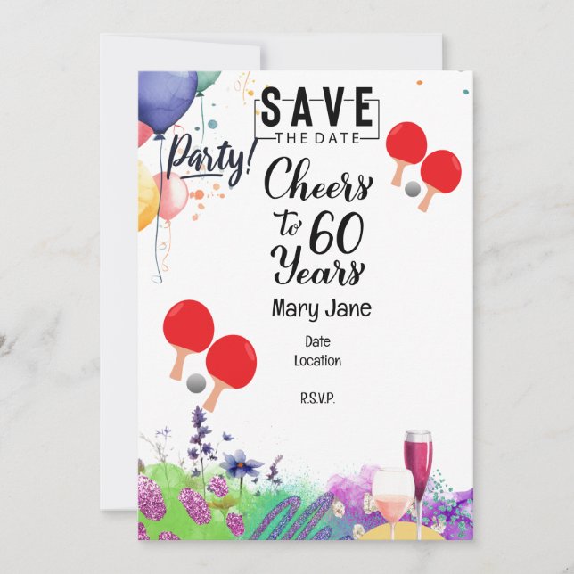 Invitation Ping pong 60e anniversaire avec paddle et fleur (Devant)