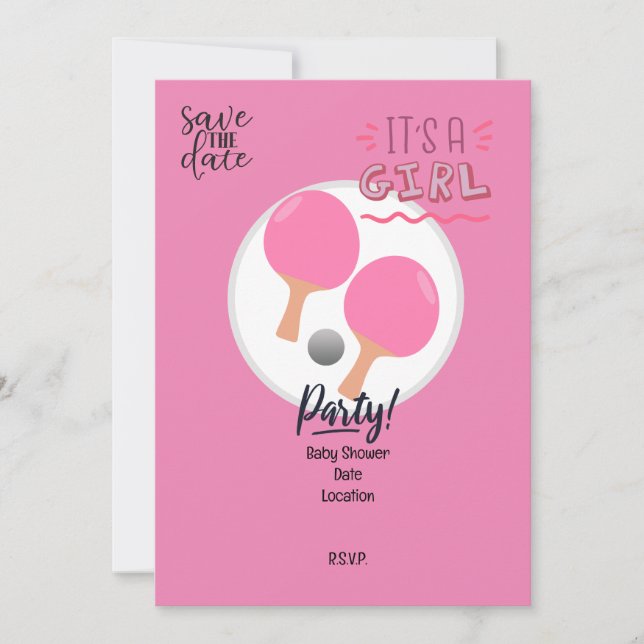 Invitation Ping Pong Table Tennis fête baby shower rose (Devant)