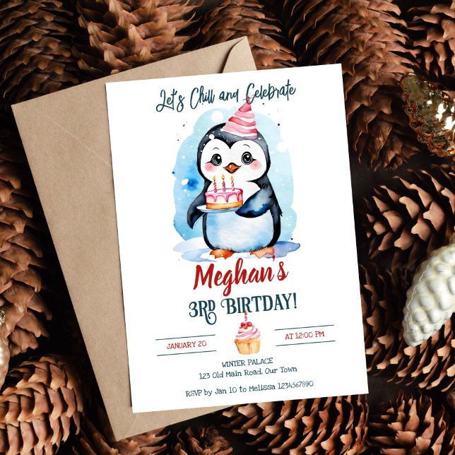 Invitation Pingin fête d'anniversaire d'hiver modifiable modè (Cute Penguin with a cake winter birthday party editable template invitation digital download oneder)