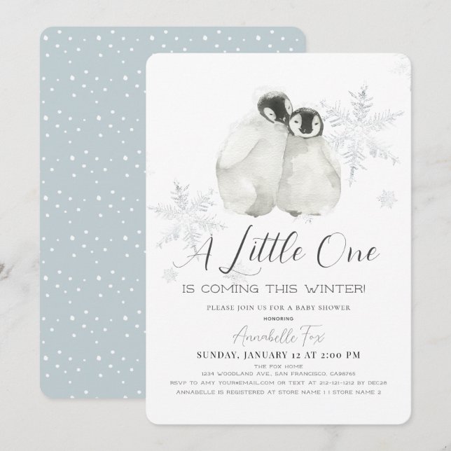 Invitation Pingin Winter Snowflake Blue Boy Baby shower (Devant / Derrière)