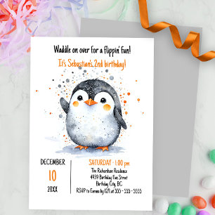 Invitation Pingouin adorable et Confetti Brown orange festif
