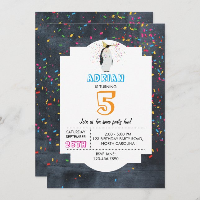 Invitation Pingouin - Animaux Fête Garçon Fille Anniversaire (Devant / Derrière)