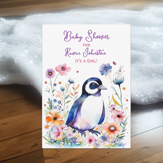 Invitation Pingouin bébé en fleurs Baby shower de fille (Créateur téléchargé)
