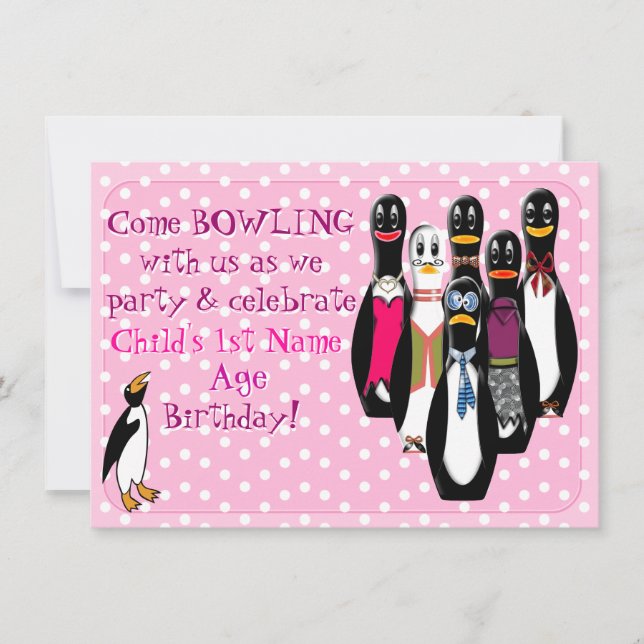 Invitation Pingouin Bowling Birthday Party Pink (Personnalisé (Devant)