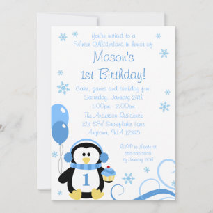 Invitation Pingouin Cupcake tourbillons hiver Onederland bleu