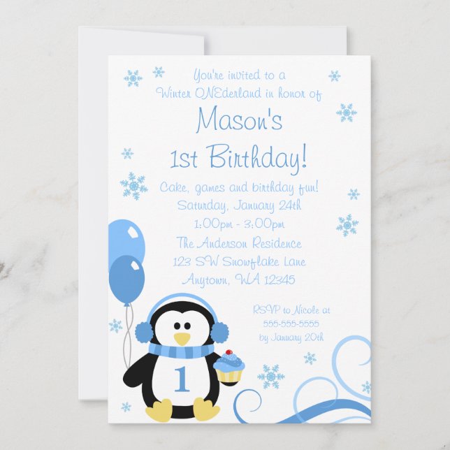 Invitation Pingouin Cupcake tourbillons hiver Onederland bleu (Devant)