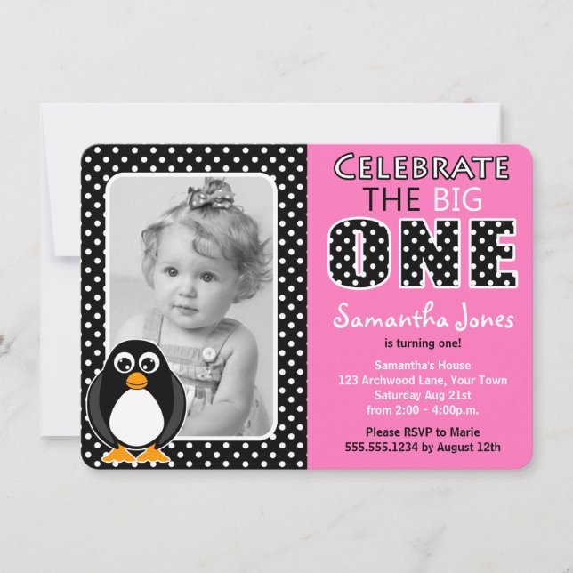 Invitation Pingouin Cute Premier Anniversaire Pink (Devant)