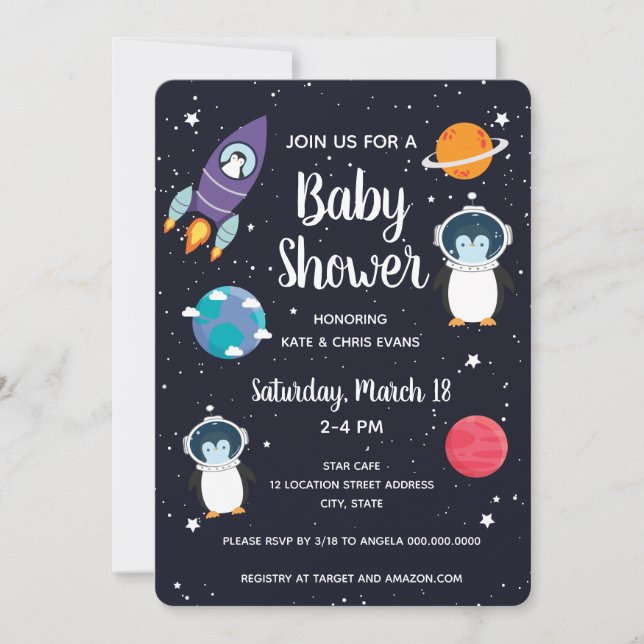 Invitation Pingouin dans le Baby shower spatial Galaxy (Devant)