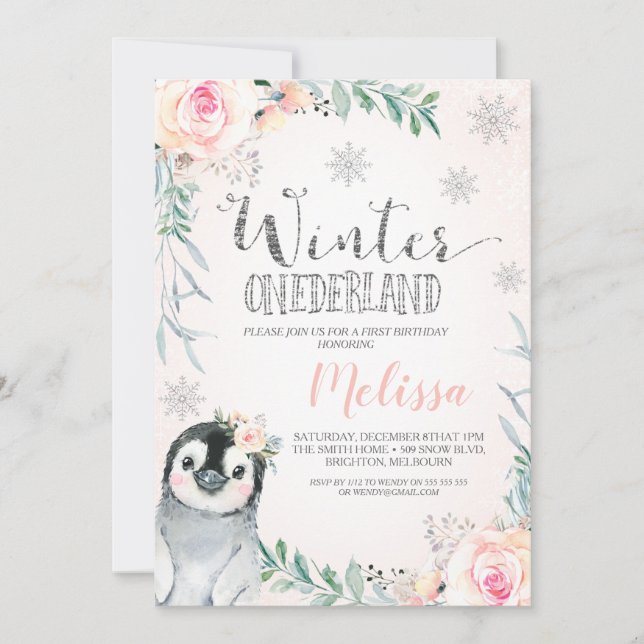 Invitation Pingouin d'argent floral hiver Onederland Annivers (Devant)