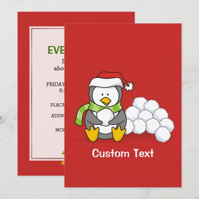 Invitation Pingouin de Noël assis avec des boules de neige (Devant / Derrière)